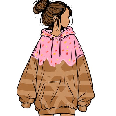 realistic girl with a oversized sweatshirt on and a bun