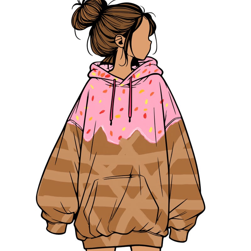 realistic girl with a oversized sweatshirt on and a bun