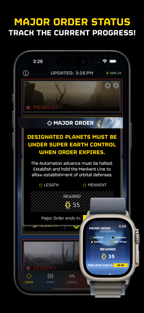 Major Order status screen on iPhone and Apple Watch for the War Monitor app