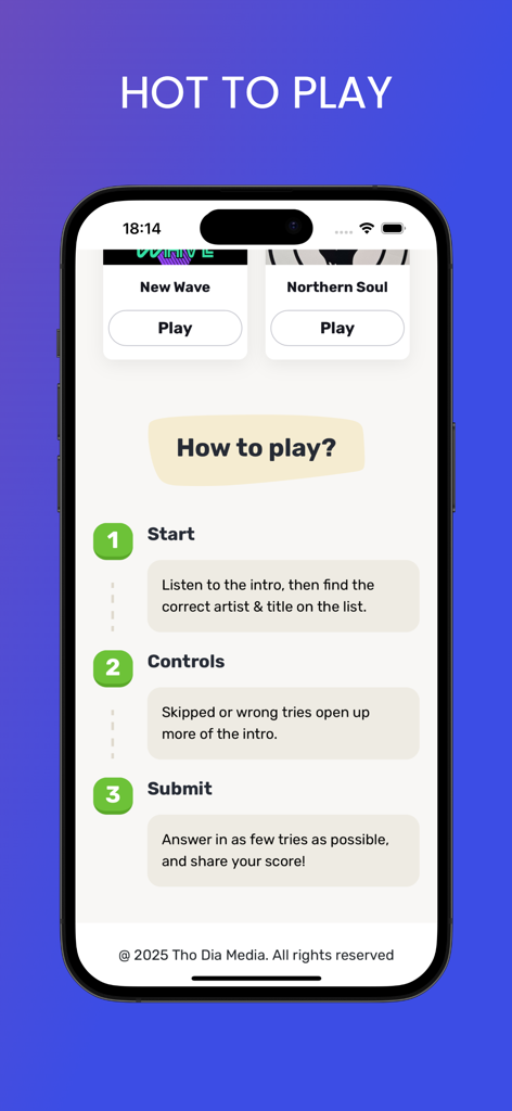 Ein Bildschirm aus der Songless App, der die drei Schritte zum Spielen des Musikratespiels erklärt.