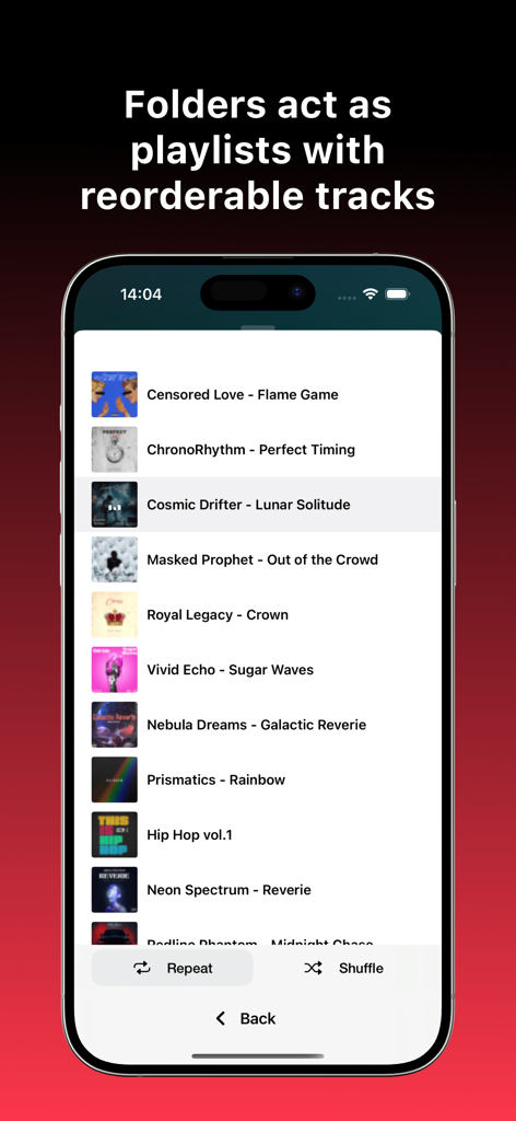 Music App: offline player - Interfaz de la aplicación de música sin conexión que muestra una lista de pistas reordenables en una lista de reproducción de carpetas