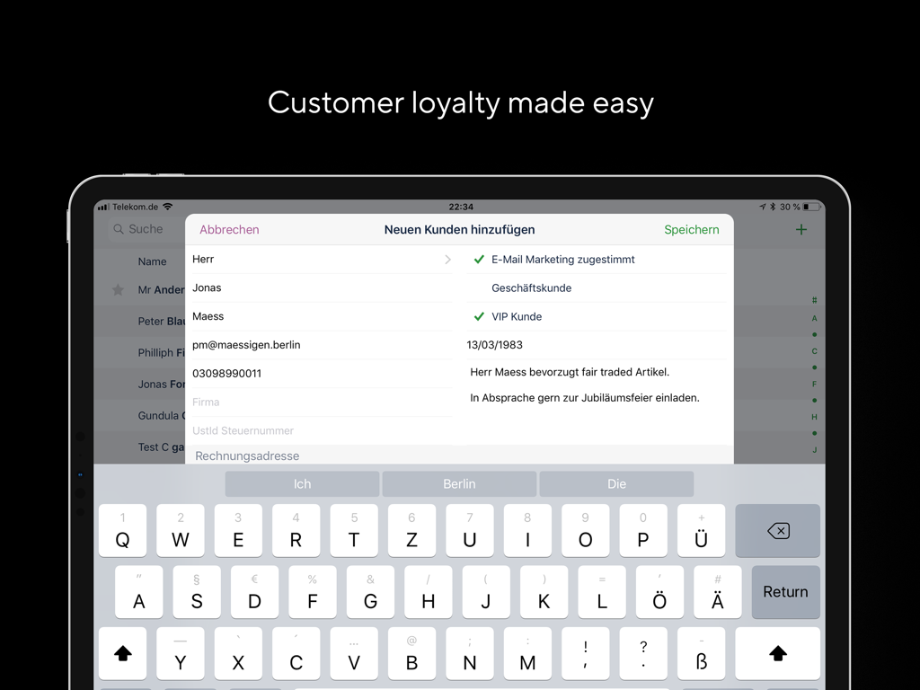 Shore POS customer loyalty management interface on iPad