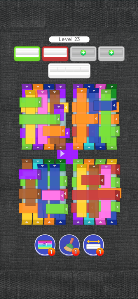 Untape - Level 23 of Untape mobile game featuring overlapping colorful tapes and satisfying puzzle mechanics