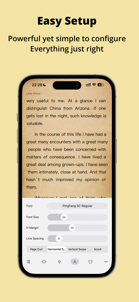 Readingo app customization menu showing font and layout configuration options on an iPhone screen