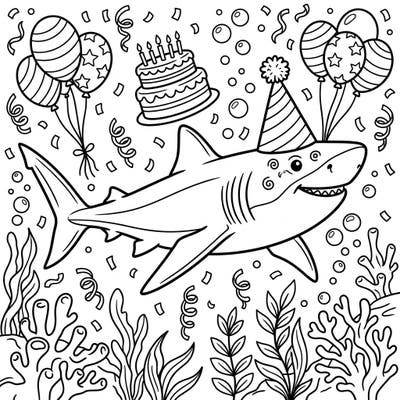 Get ready for an oceanic celebration with this delightful basking shark birthday party coloring page! This charming scene invites you to bring vibrant colors to a friendly shark, festive decorations, and an underwater world.