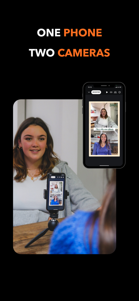 App BeNarative che mostra una registrazione video a schermo diviso utilizzando un iPhone per due angolazioni di ripresa