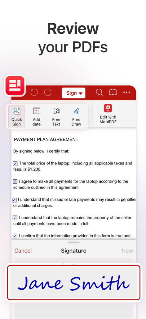 Firma digital aplicándose a un acuerdo de plan de pago en PDF en la aplicación móvil MobiOffice