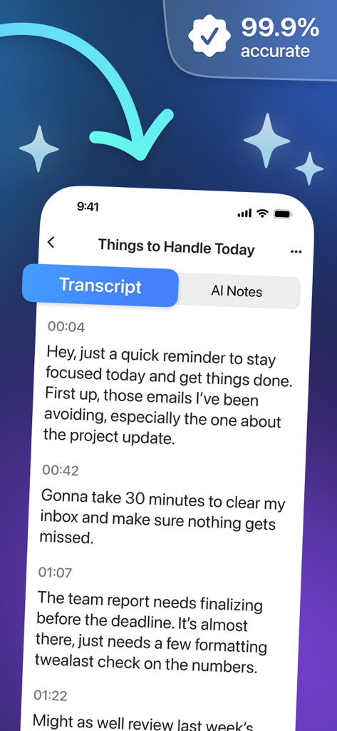AI Transcribe: Voice to Text ⋆ - AI Transcribe mobile interface showing a timestamped voice memo converted to text with a high accuracy badge