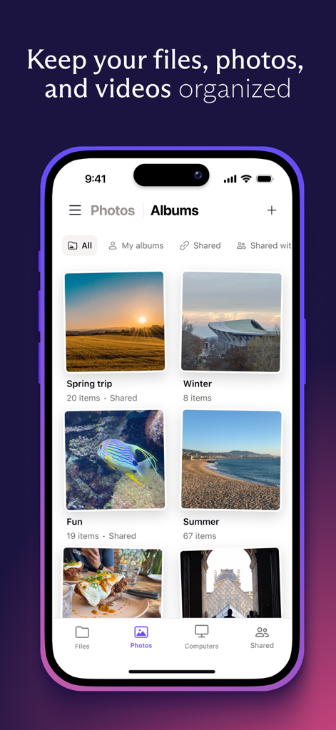 Die Benutzeroberfläche der Proton Drive-Mobil-App zeigt ein Raster organisierter Fotoalben, einschließlich der Sammlungen Frühlingstour und Winter.