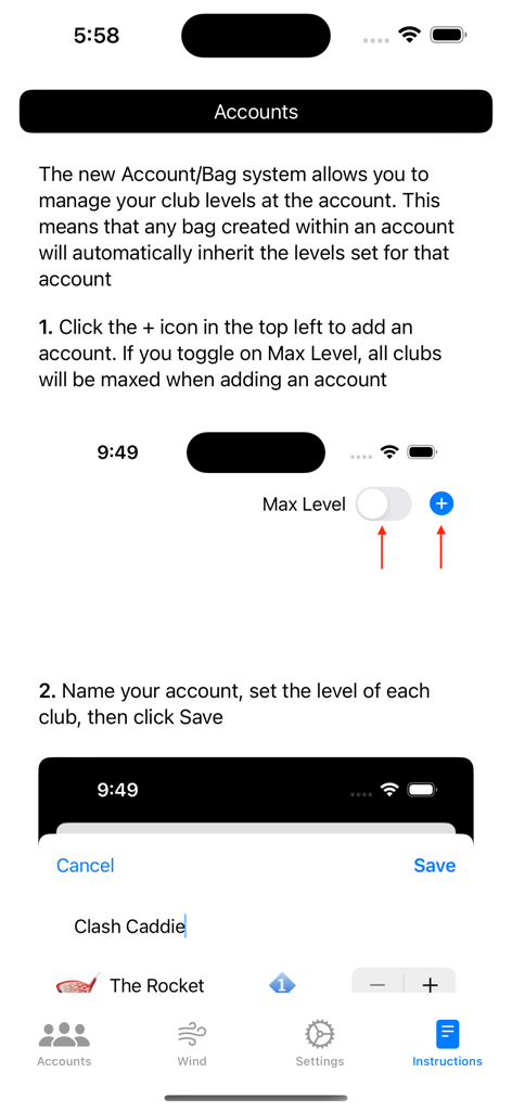 Clash Caddie - Pantalla de tutorial para gestionar múltiples cuentas y bolsas de palos en la aplicación Clash Caddie.