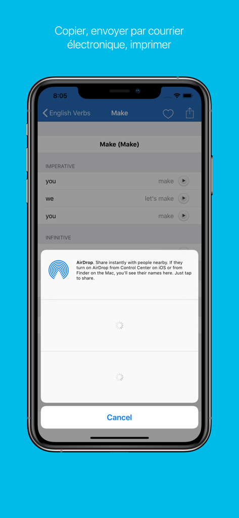 Sharing and export features in the French Verb Conjugator app interface