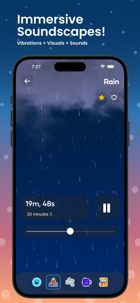 Tappy: Self Care Fidgeter - Tappy app screen for immersive rain soundscapes including haptics and visuals for stress relief.