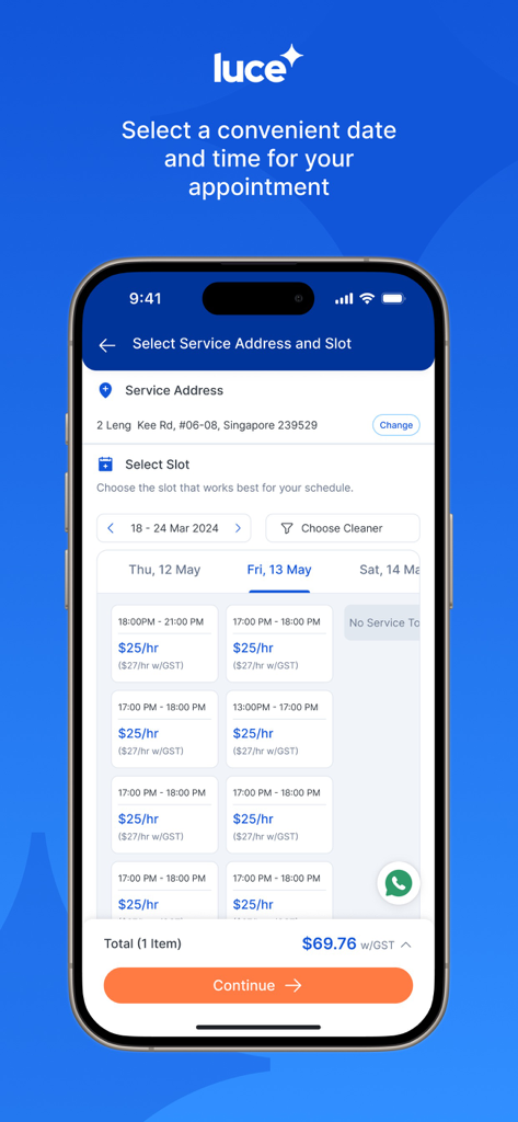 Luce App - Luce app screen showing available time slots and pricing for home services.