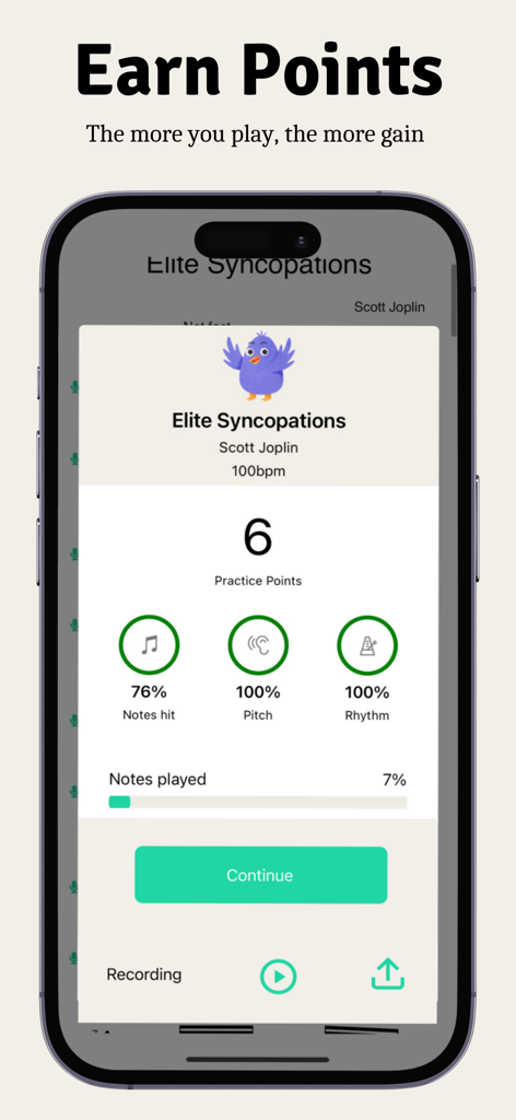 PracticeBird app interface displaying practice points and performance feedback for music practice