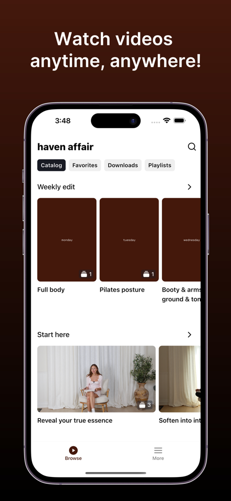 haven affair - Haven Affair mobile app interface showing the video catalog for pilates and mindfulness classes