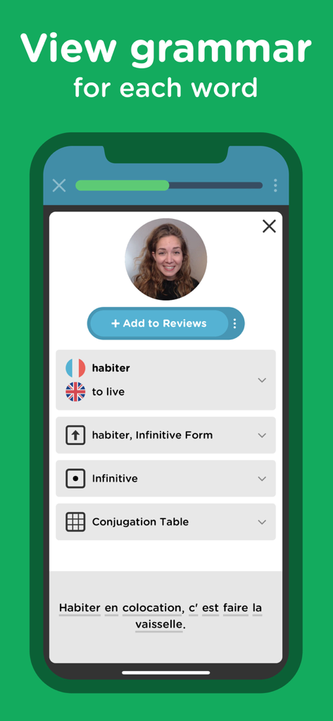 Seedlang app interface showing grammar details and conjugation table for the French verb habiter