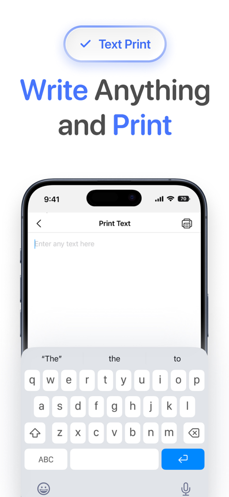 Smart Printer App for HP · - Interfaz de la aplicación Smart Printer en un iPhone que muestra la función para escribir e imprimir texto personalizado.