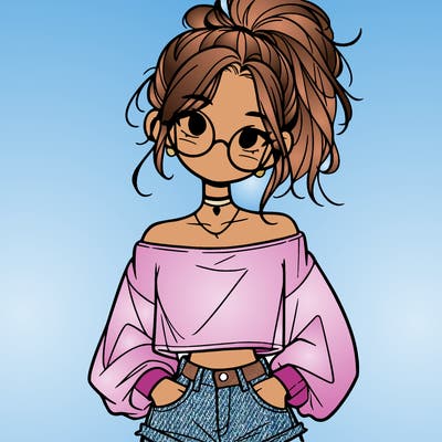 girl with a messy ponytail glasses a baggy crop top and jean shorts