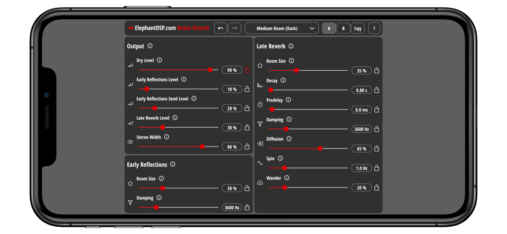 Interfaz del plugin de audio Room Reverb con ajustes ajustables en la pantalla del iPhone