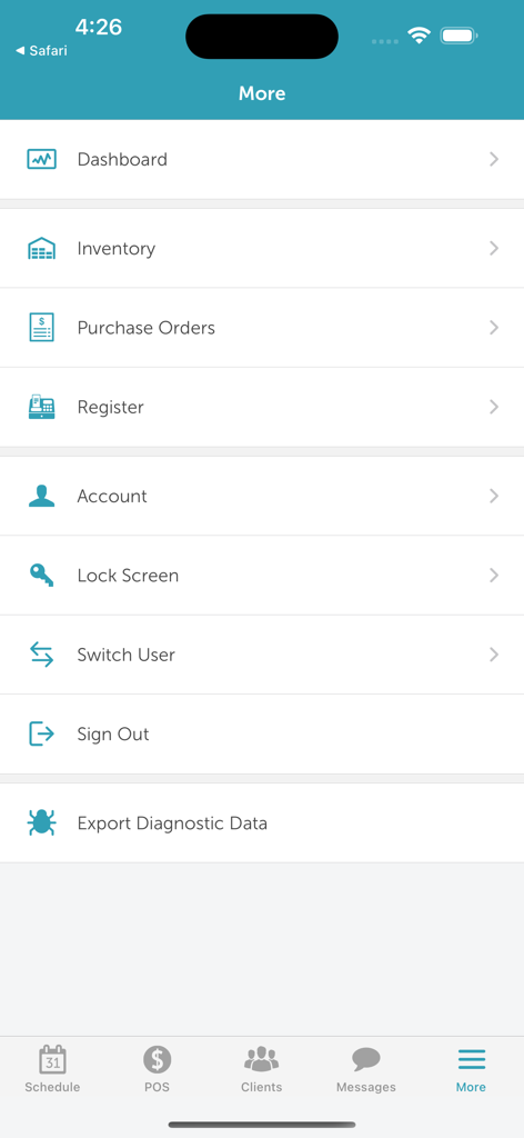 Das Menü "Weitere Optionen" in der App MyTime Scheduler für Händler mit Links zu Dashboard, Lagerbestand und Kasse