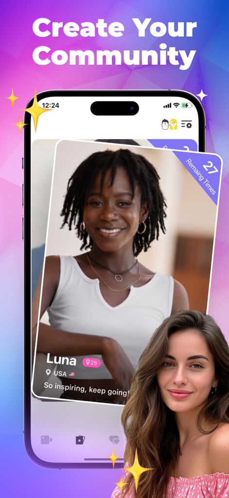 A mobile screen from the YOYO app showing a user profile for a woman named Luna from the USA with the headline Create Your Community.