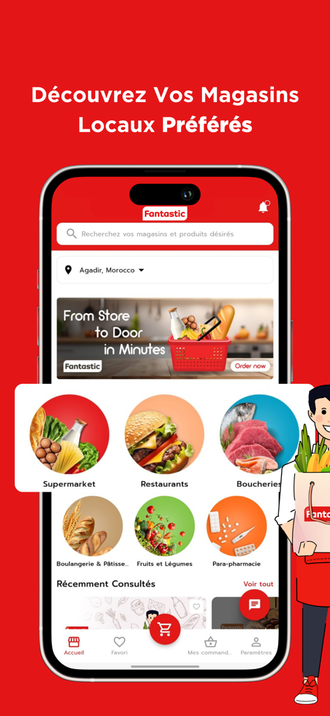 Fantastic: Orders Delivery - Página de inicio de la aplicación Fantastic que muestra categorías de tiendas locales para entrega de comestibles y alimentos