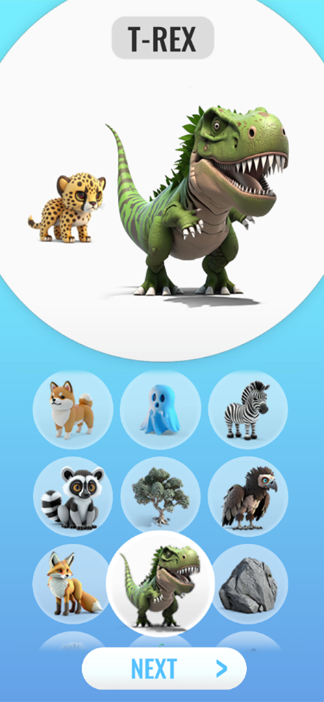 Animash - Pantalla de selección de la aplicación Animash mostrando un T-Rex y un cachorro de guepardo listos para la fusión con IA.