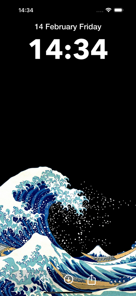 Walpium: Live Wallpapers 4K HD - 暗い背景のiPhoneロック画面上の、グレートウェーブオフカナガワ風の壁紙。