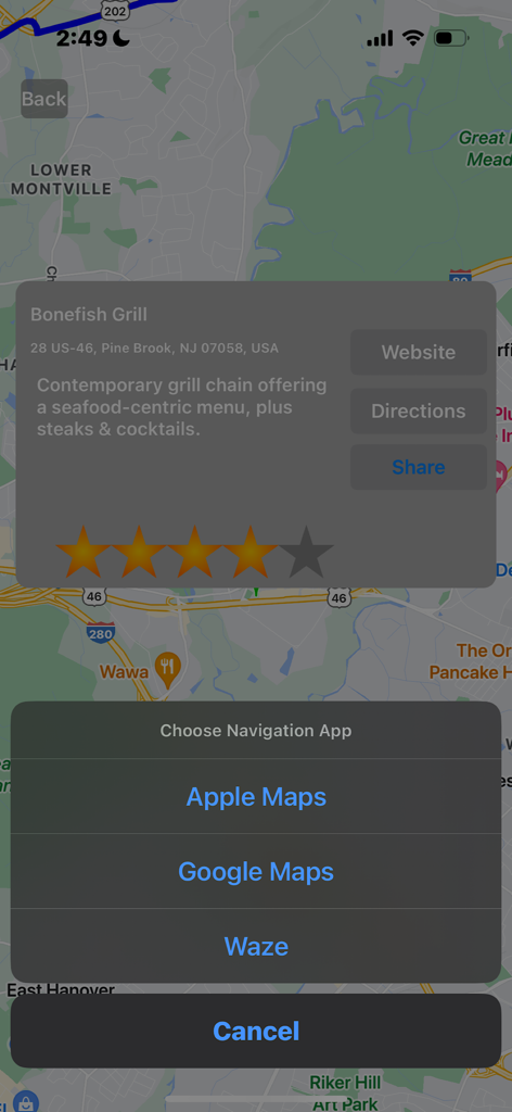 Halfway Finder app interface showing a restaurant recommendation with a menu to select a navigation app like Apple Maps, Google Maps, or Waze.