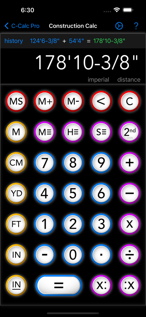 Construction Calc Pro 2 - User interface of Construction Calc Pro 2 showing an imperial measurement calculation in feet and fractional inches