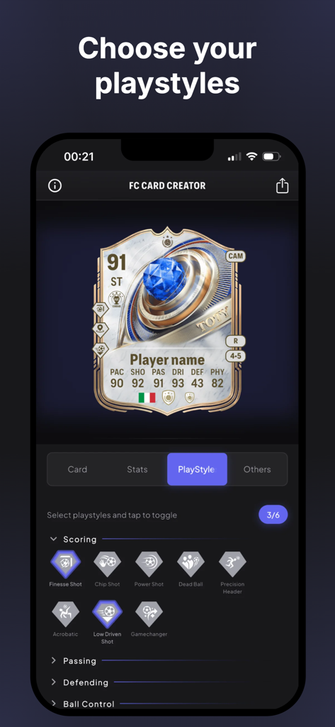 FC Ultimate Card Creator - Interface of the FC Ultimate Card Creator app showing the playstyle selection menu for a custom soccer card.