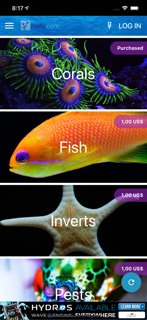 Reefs - Reefs app livestock identification database showing categories for corals fish inverts and pests