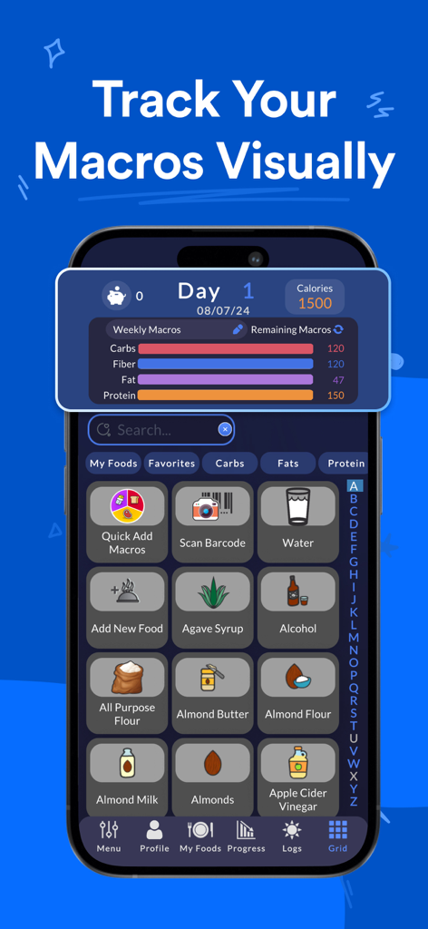 Stupid Simple Macro Tracker - Ein Smartphone, das das visuelle Lebensmittelsymbol-Raster und die täglichen Fortschrittsbalken für die Makroverfolgung der Stupid Simple Macro Tracker App zeigt.