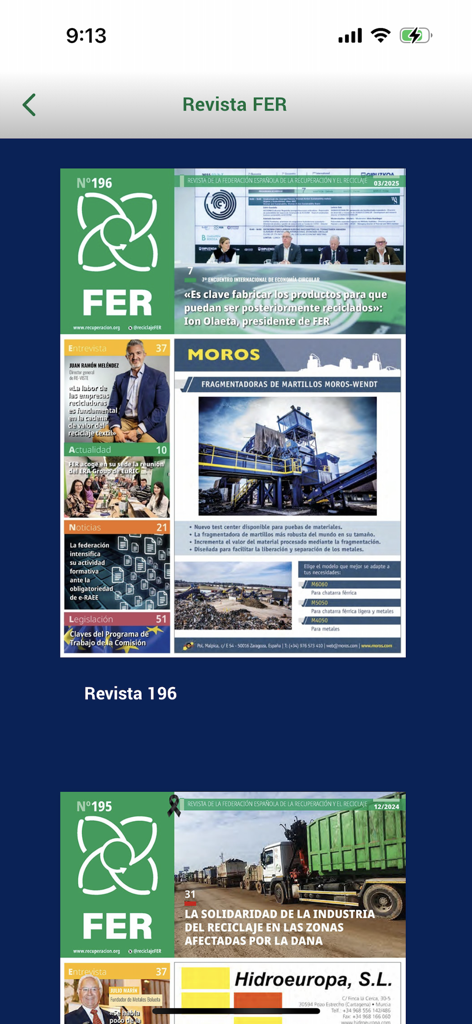 Biblioteca digital de la revista de recuperación y reciclaje de FER que muestra números recientes.
