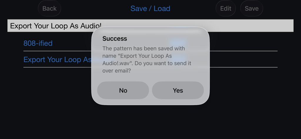 Message de succès VoxBeat après l'enregistrement d'une boucle de batterie sous forme de fichier WAV.