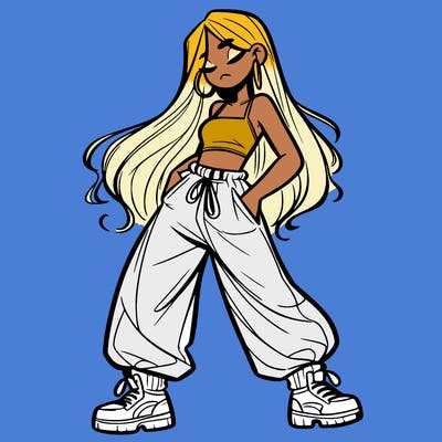 girl in baggy pants crop top and long hair