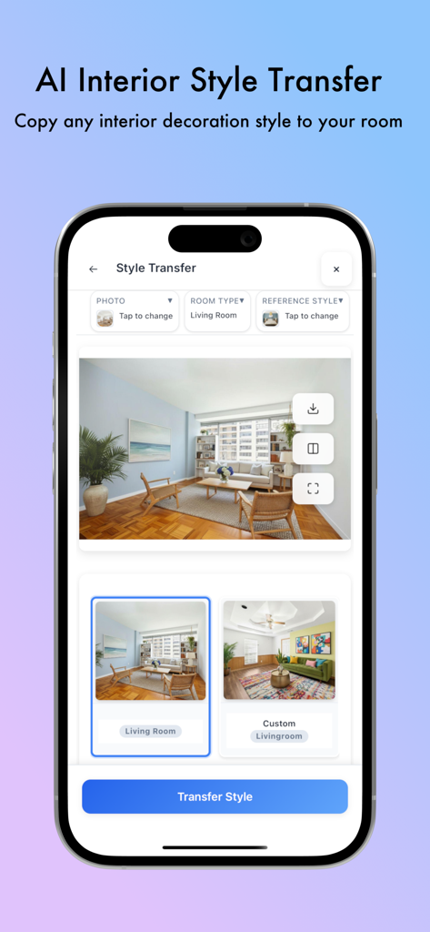 Écran de l'application Decor8 AI montrant le transfert de style de décoration intérieure pour un salon