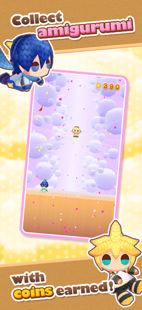 Hatsune Miku Amiguru Jump - Gameplay screenshot of Hatsune Miku Amiguru Jump showing how to collect amigurumi characters with earned coins