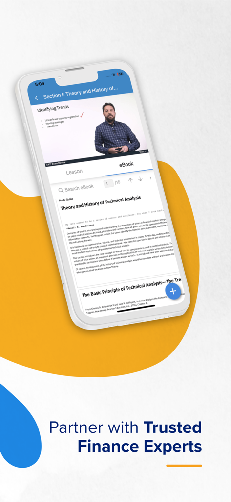 UWorld Finance - Exam Prep - Smartphone screen showing a UWorld Finance video lecture and digital eBook for CFA and CMT preparation