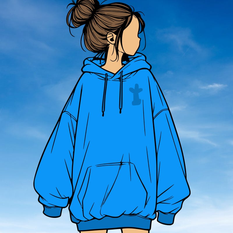 realistic girl with a oversized sweatshirt on and a bun