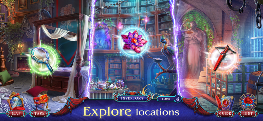 Cursed Fables 5: Adventure - A hidden object gameplay scene featuring a magical library with glowing quest items like a mirror and a crystal flower