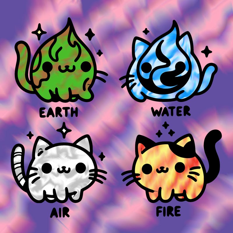 4 cats that represent the different elements, earth, water, air, and fire