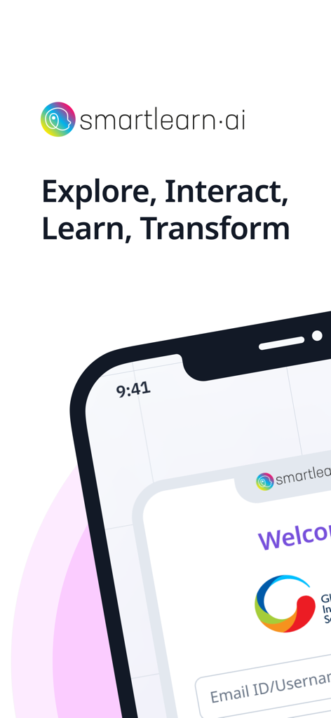 SmartLearn App - Écran d'accueil de l'application SmartLearn avec le slogan Explorez Interagissez Apprenez Transformez et une interface de connexion sur un smartphone