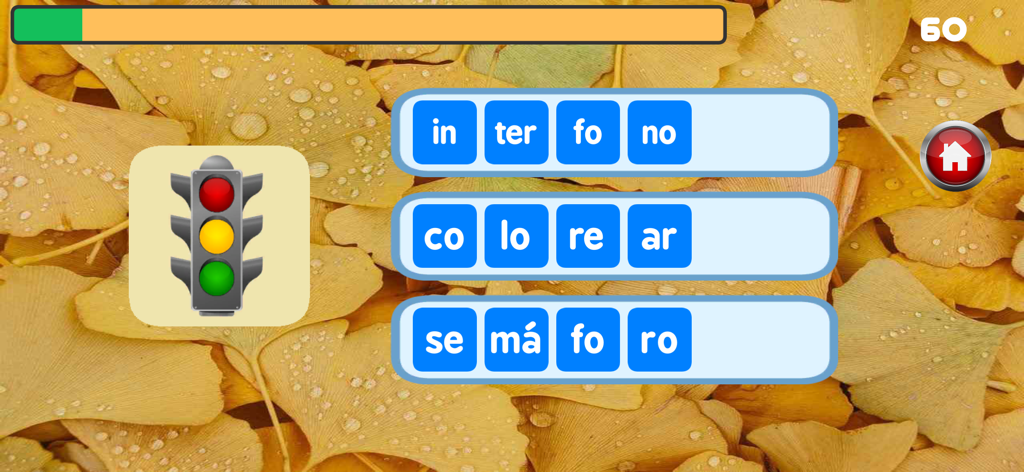 Sílabas y palabras Pro - Pantalla de un juego educativo en español que muestra un semáforo y opciones de sílabas para identificar la palabra correcta