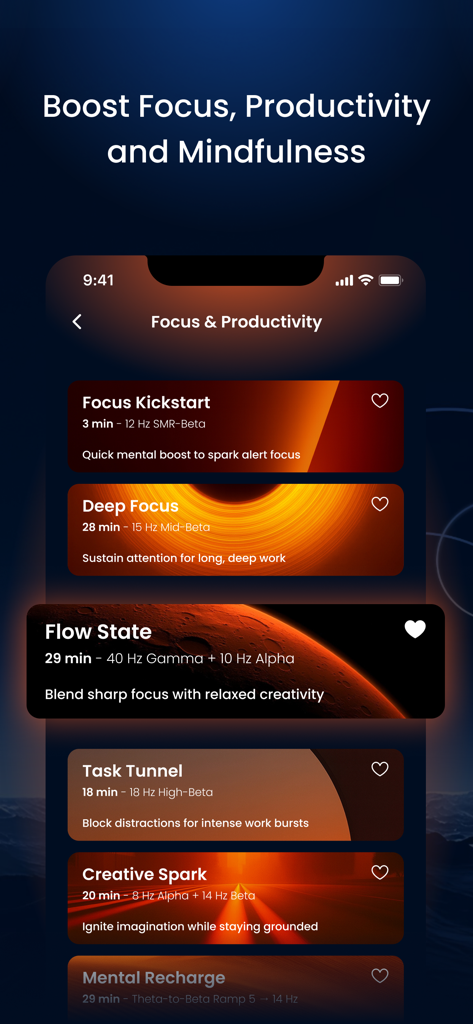 InnerFlo: Calm & Focus - InnerFlo app interface showing specialized sound therapy sessions for focus productivity and flow state