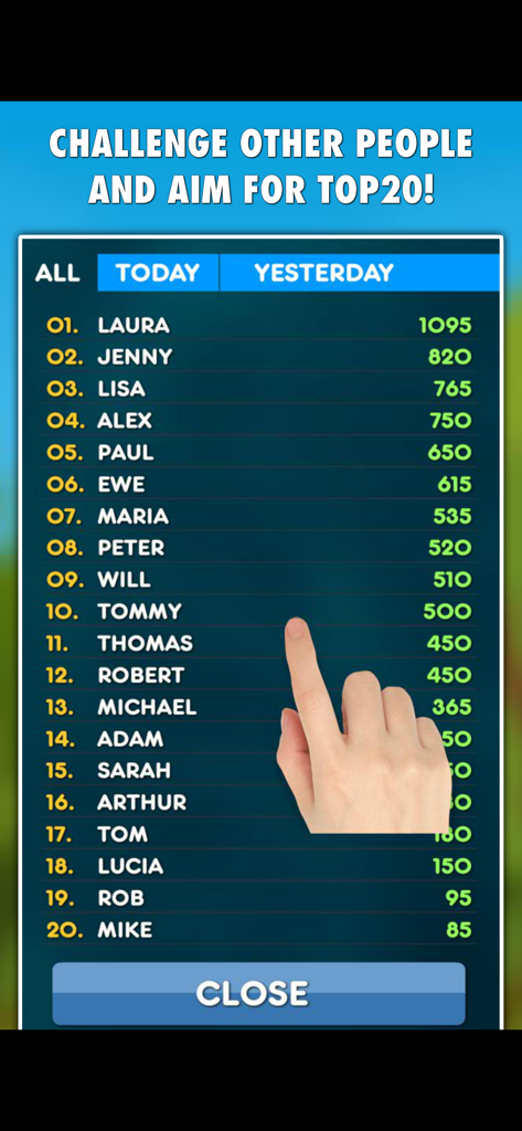 상위 20명의 플레이어 순위와 최고 점수를 보여주는 Spelling Right PRO의 글로벌 리더보드 화면