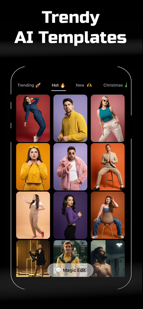 Interfaz de la aplicación Light Studio mostrando una cuadrícula de plantillas de retratos IA de moda para edición de fotos creativa.