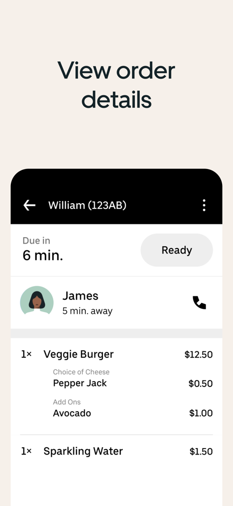 A detailed order view in the Uber Eats Orders app showing food items, preparation time, and delivery driver status.