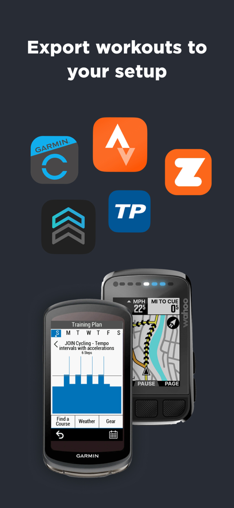 Graphic displaying JOIN Cycling app workout exports to Garmin Wahoo Strava Zwift and TrainingPeaks