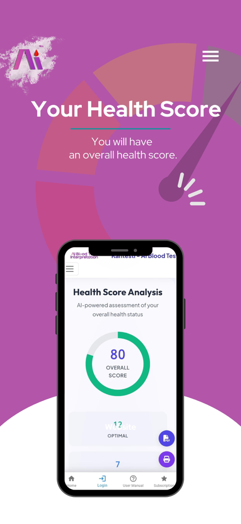 Kantesti – AI Blood Test - Kantesti app interface showing an overall health score of 80 based on AI blood test analysis